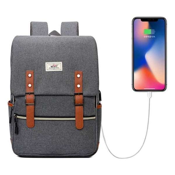 Vintage Rugzak / Schooltas - Grijs - Unisex - 30 Liter - Met ingebouwde USB-poort - Spatwaterdicht Vintage Rugzak / Schooltas - Grijs - Unisex - 30 Liter - Met ingebouwde USB-poort - Spatwaterdicht