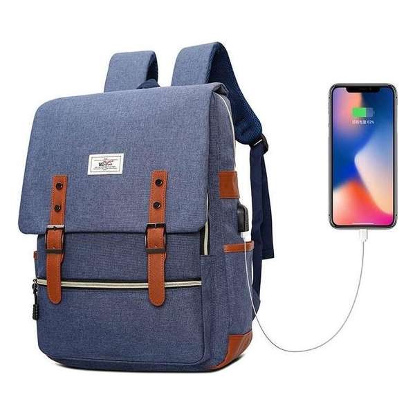 Vintage Rugzak / Schooltas - Blauw - Unisex - 30 Liter - Met ingebouwde USB-poort - Spatwaterdicht Vintage Rugzak / Schooltas - Blauw - Unisex - 30 Liter - Met ingebouwde USB-poort - Spatwaterdicht