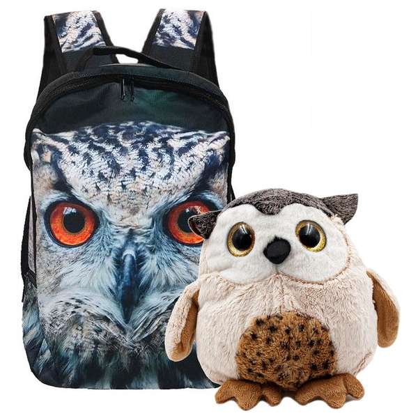 Rugzak Uil met grote ogen met pluche knuffel uil 18 cm, kinder set, school rugtas met pluche uil speelgoed