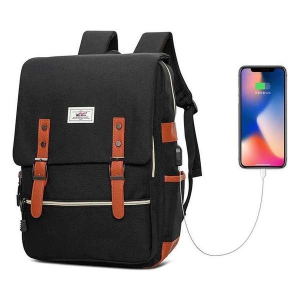 Vintage Rugzak / Schooltas - Zwart - Unisex - Met ingebouwde USB-poort - Spatwaterdicht Vintage Rugzak / Schooltas - Zwart - Unisex - Met ingebouwde USB-poort - Spatwaterdicht