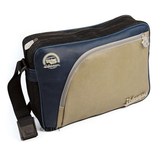 VW T1 Bus Messenger Bag met Bandenprofiel - Vintage Logo/beige&blauw VW T1 Bus Messenger Bag met Bandenprofiel - Vintage Logo/beige&blauw