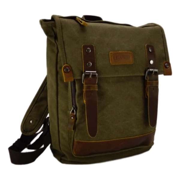 Luanzo Canvas Laptop Rugzak met Leer Houston Legergroen Luanzo Canvas Laptop Rugzak met Leer Houston Legergroen