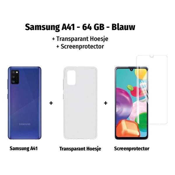 Samsung Galaxy A41 - 64GB - Blauw + Transparant Hoesje + Screenprotector van HGA Samsung Galaxy A41 - 64GB - Blauw + Transparant Hoesje + Screenprotector van HGA