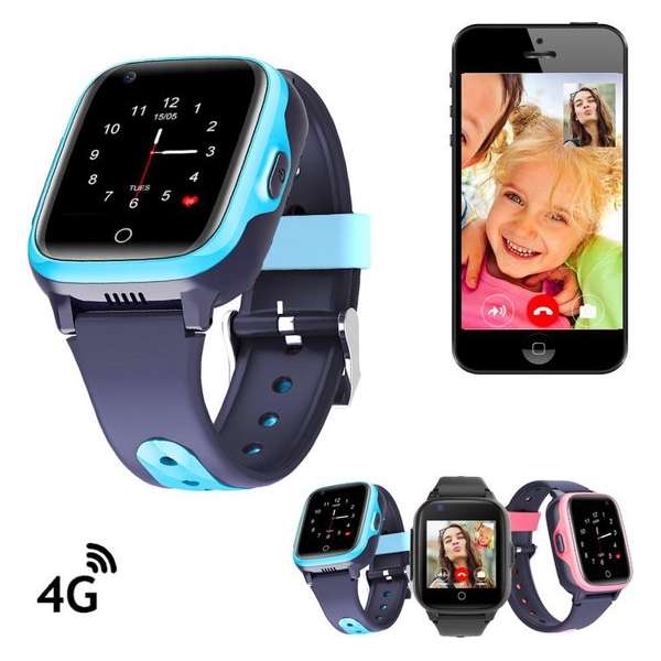 GPS horloge kind tracker VideoCall 4G MAX AQUA Wifi Blauw SOS videobellen [IP67 waterdicht] incl. SIM-kaart