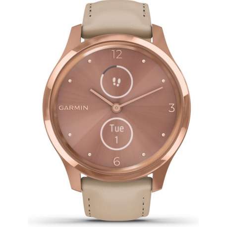 Garmin Vívomove Luxe - 42 mm - 18K rose gold PVD-behuizing van roestvrij staal met light sand polsband van Italiaans leer