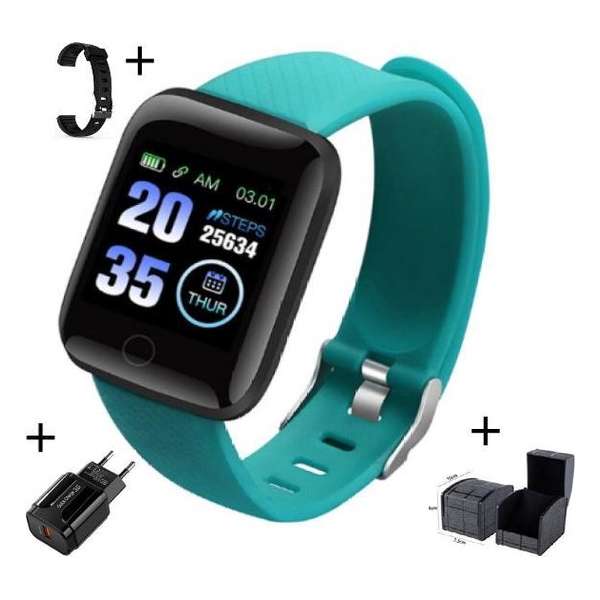 Belesy - Smartwatch - Zwart  + USB oplaadstekker + Luxe horloge box + zwart bandje