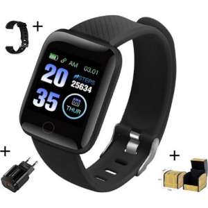 Belesy® Smartwatch - Zwart - USB stekker cadeau - Gratis extra zwarte polsband - in luxe horloge box verpakt