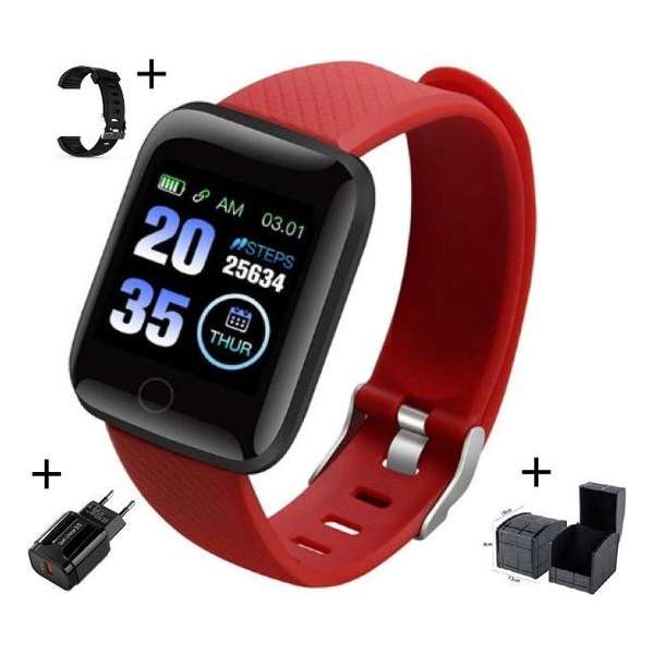 Belesy - Smartwatch - Zwart - Rode + zwarte polsband - inclusief USB oplaadstekker met Luxe horloge box