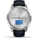 Garmin vívomove Luxe Zilverkleurige behuizing van roestvrij staal met navy polsband van Italiaans leer