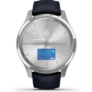 Garmin vívomove Luxe Zilverkleurige behuizing van roestvrij staal met navy polsband van Italiaans leer