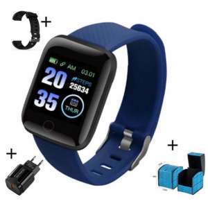 Belesy® smartwatch - Stappenteller - Bloeddrukmeter - Blauw - Extra blauw polsbandje kado - Luxe horloge box