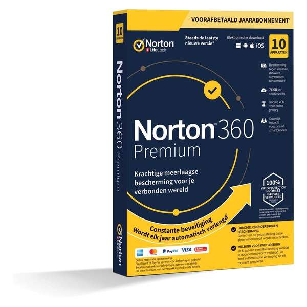 Norton 360 Premium 2020 - 10 Apparaten - 1 Jaar - 75GB - Nederlands - Windows/MAC/Android/iOS Norton 360 Premium 2020 - 10 Apparaten - 1 Jaar - 75GB - Nederlands - Windows/MAC/Android/iOS
