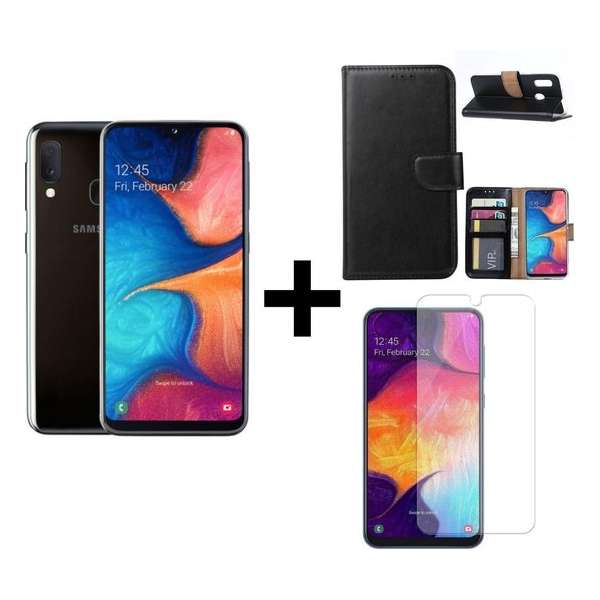 Samsung Galaxy A20e - Zwart Met bookcase en tempered glass Samsung Galaxy A20e - Zwart Met bookcase en tempered glass