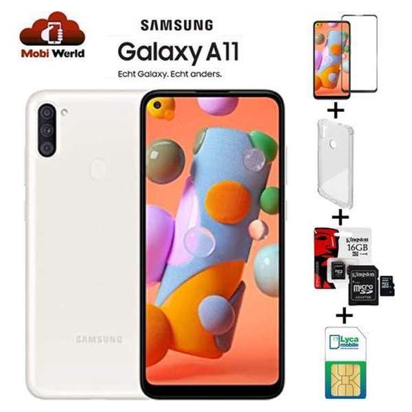 Samsung Galaxy A11 2020| 32GB | Dual sim | Wit | + 16GB SD kaart + Hoesje + Beschermglas + NL simkaart Samsung Galaxy A11 2020| 32GB | Dual sim | Wit | + 16GB SD kaart + Hoesje + Beschermglas + NL simkaart