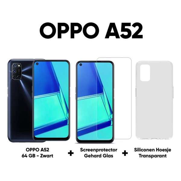 OPPO A52 - 64GB - Zwart + Transparant Hoesje + Screenprotector OPPO A52 - 64GB - Zwart + Transparant Hoesje + Screenprotector