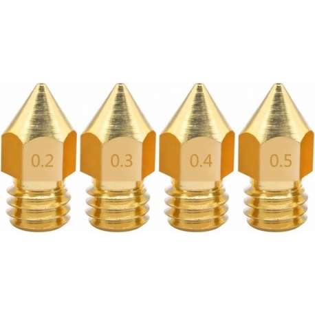 3d printer MK8 Nozzle mix - 10 stuks - 0.2mm, 0.3mm, 0.4mm, 0.5mm - brass