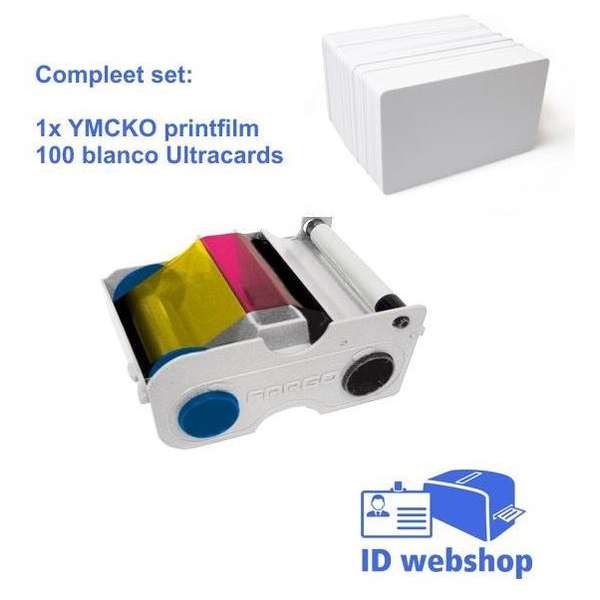 Fargo C50 kleuren printlint set 45440 + 100 witte pvc kaarten. Fargo C50 kleuren printlint set 45440 + 100 witte pvc kaarten.