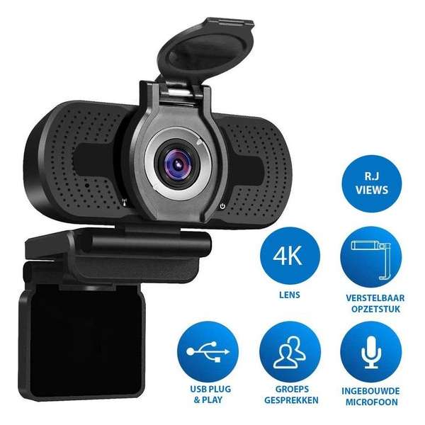 2K webcam met 4K lens voor PC met Microfoon & Webcam Cover - Werk & Thuis - Videobellen - USB - Zwart
