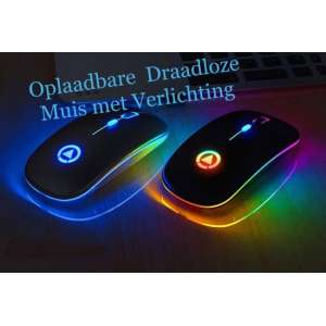 Oplaadbare Draadloze Stille (Laptop) Muis met led Verlichting 7 Kleuren en Lithium Batterij- Mat Zwart