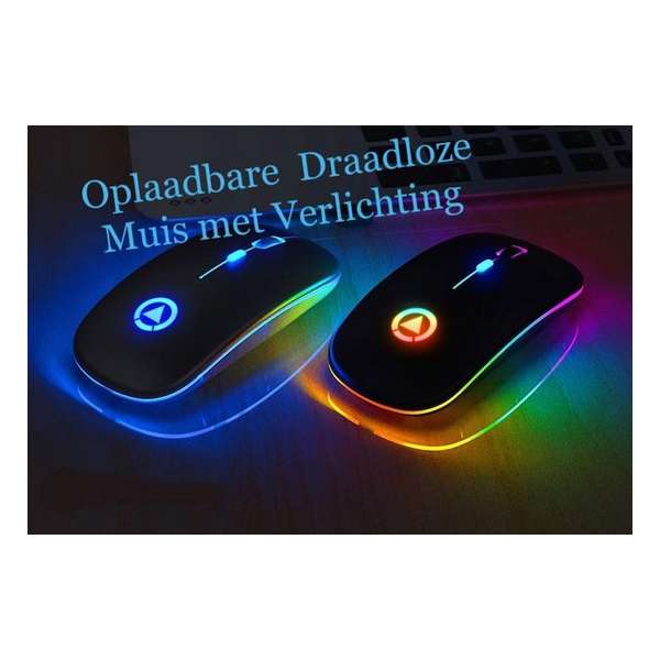 Oplaadbare Draadloze Stille (Laptop) Muis met led Verlichting 7 Kleuren en Lithium Batterij- Mat Zwart