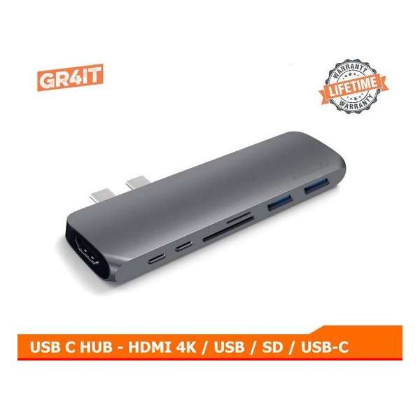 GR4IT - 7 in 1 USB C Hub voor Macbook Pro en Air- HDMI - Thunderbolt 3 - USB 3.0 - Micro SD – Spacegrey
