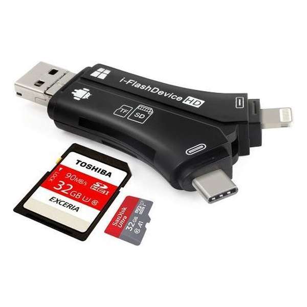 Micro SD-kaartlezer,  4 in 1 externe kaartlezer USB-stick Micro SD & TF Card Reader Adapter-zwart
