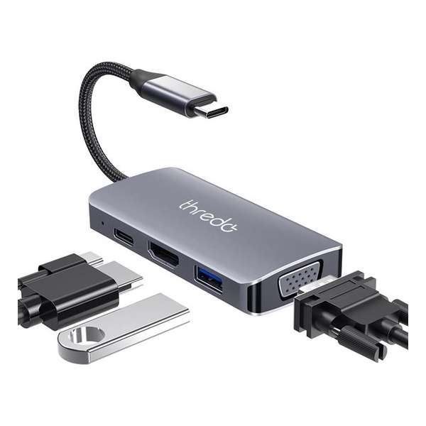 Thredo 4 in 1 USB C Hub - USB C + USB 3.0 + 4K HDMI + VGA - Met voeding Thredo 4 in 1 USB C Hub - USB C + USB 3.0 + 4K HDMI + VGA - Met voeding