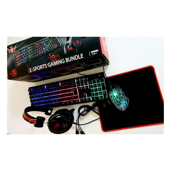 Gaming set 4 in 1 met led verlichting Bedaard Keyboard Muis met USB headset en muismaat regenboogkleur Gaming set 4 in 1 met led verlichting Bedaard Keyboard Muis met USB headset en muismaat regenboogkleur