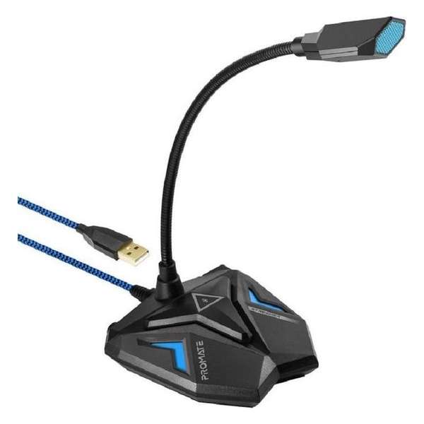 Promate STREAMER.BLUE - Gaming Microfoon, Plug & Play, flexibel, USB, universeel, HD, dempfunctie - Blauw