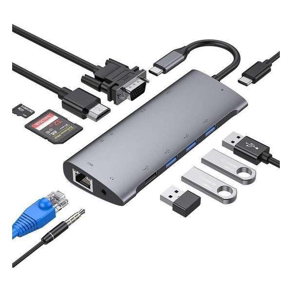 10-in-1 USB-C Hub met HDMI + VGA + 3 x USB3.0 + USB-C (opladen) + SD/Micro SD + Ethernet + 3.5mm Audio 10-in-1 USB-C Hub met HDMI + VGA + 3 x USB3.0 + USB-C (opladen) + SD/Micro SD + Ethernet + 3.5mm Audio