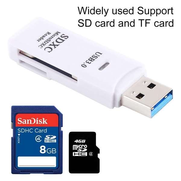 Compacte SD en Micro SD kaartlezer adapter naar USB 3.0 | Wit | Snel | 6CM