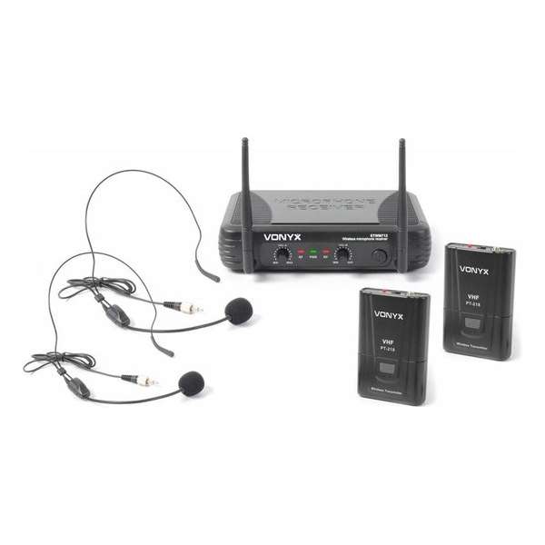 Vonyx STWM712H 2-kanaals VHF Draadloos Microfoonsysteem met headsets Vonyx STWM712H 2-kanaals VHF Draadloos Microfoonsysteem met headsets