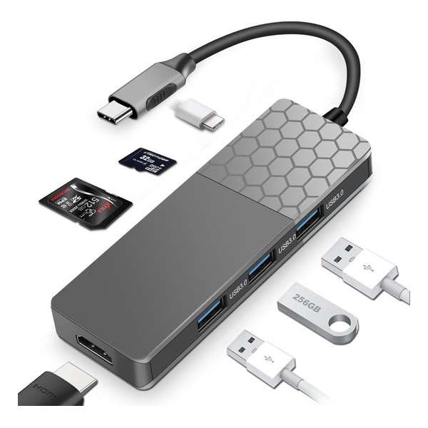 USB-C Hub 7-in-1 met HDMI + 3 X USB-3.0 + 1 x USB-C (Opladen) + SD/Micro SD USB-C Hub 7-in-1 met HDMI + 3 X USB-3.0 + 1 x USB-C (Opladen) + SD/Micro SD