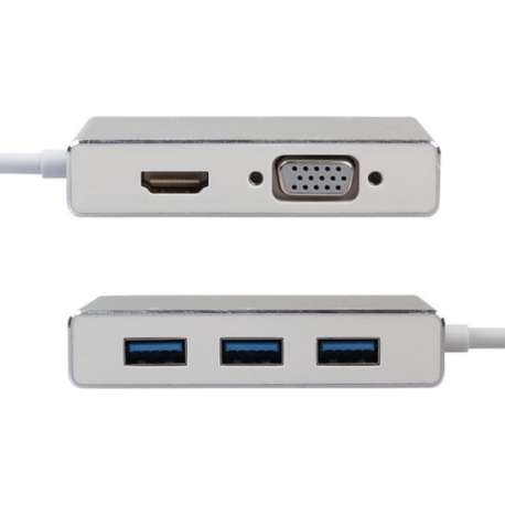 5 in 1 - DrPhone Multi Hub Type-C Adapter (3x USB 3.0, 1x VGA, 1x HDMI) - Zilver