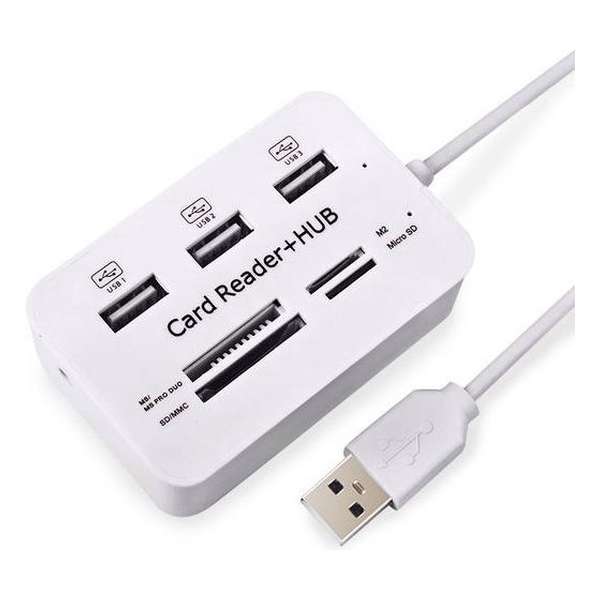 USB 2.0 Kaarlezer en 3-Poorts USB Hub - Wit