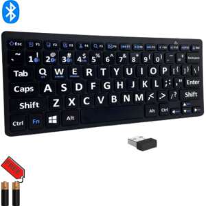 Draadloos Toetsenbord -|Dun -|Grote Letters | USB Receiver of Bluetooth |4 apparaten koppelen|incl. 2 x AAA batterijen| Zwart