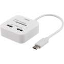 Deltaco UCR-157 USB-C SD en microSD kaartlezer en USB hub USB 2.0 met OTG ondesteuning 18 cm kabel, wit
