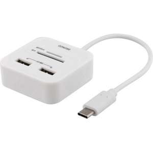Deltaco UCR-157 USB-C SD en microSD kaartlezer en USB hub USB 2.0 met OTG ondesteuning 18 cm kabel, wit