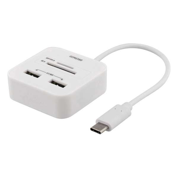 Deltaco UCR-157 USB-C SD en microSD kaartlezer en USB hub USB 2.0 met OTG ondesteuning 18 cm kabel, wit
