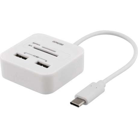 Deltaco UCR-157 USB-C SD en microSD kaartlezer en USB hub USB 2.0 met OTG ondesteuning 18 cm kabel, wit