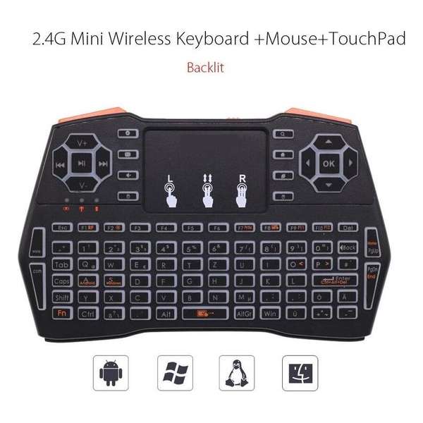 DrPhone VTI8+ Wireless Toetsenbord + Touchpad met Backlit - RF 2.4G Draadloos – QWERTY + muis + multimediabediening + DPI DrPhone VTI8+ Wireless Toetsenbord + Touchpad met Backlit - RF 2.4G Draadloos – QWERTY + muis + multimediabediening + DPI