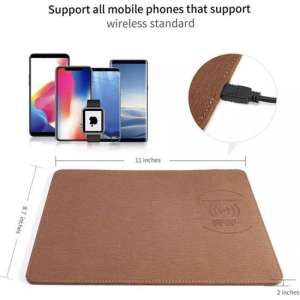 Qi Wireless Charger Muismat Leder Bruin - Draadloze Oplader - Game - Smartphones - Samsung - Apple - Huawei