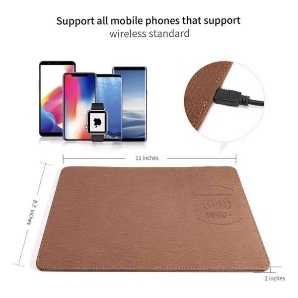 Qi Wireless Charger Muismat Leder Bruin - Draadloze Oplader - Game - Smartphones - Samsung - Apple - Huawei