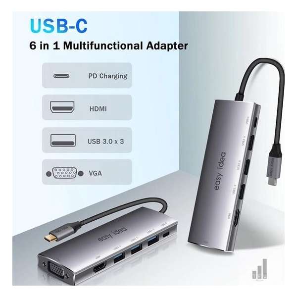 USB Hub 6 in1 USB C Hub - 3x USB 3.0 - 4K HDMI -VGA- USB-C Oplader - Grijs USB Hub 6 in1 USB C Hub - 3x USB 3.0 - 4K HDMI -VGA- USB-C Oplader - Grijs
