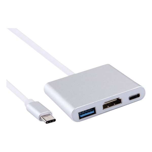 USB-C (Type-C 3.1) Male naar USB-C Female + HDMI + USB 3.0 Adapter Hub | Zilver / Silver | Premium Kwaliteit