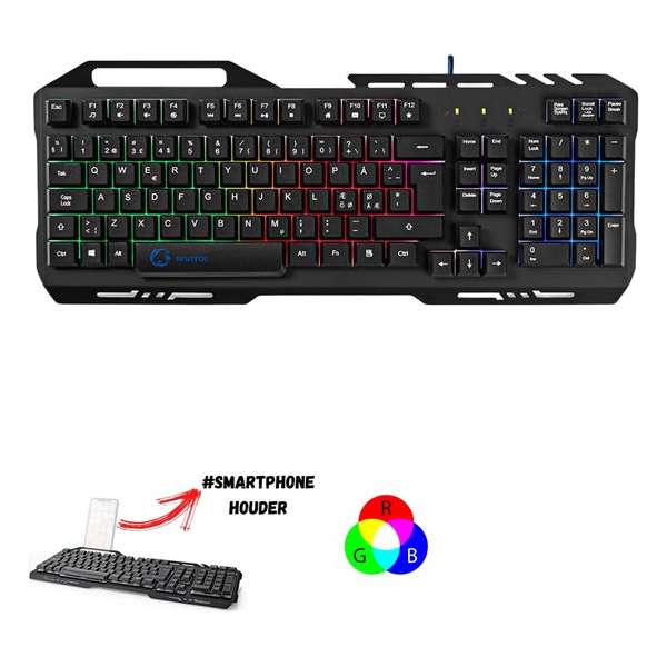 Gaming toetsenbord| RGB-verlichting | USB 2.0 | US International | Metalen designsmartphonehouder|RGB| Gaming toetsenbord| RGB-verlichting | USB 2.0 | US International | Metalen designsmartphonehouder|RGB|