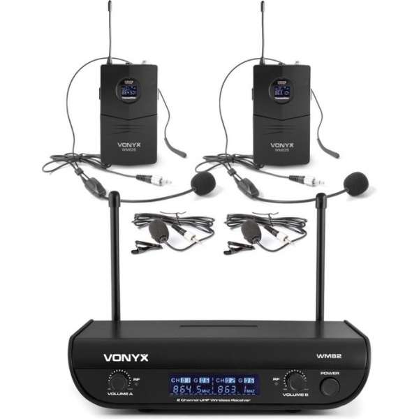 Draadloze microfoon - Vonyx WM82 Draadloze UHF microfoonset met 2x headset Draadloze microfoon - Vonyx WM82 Draadloze UHF microfoonset met 2x headset