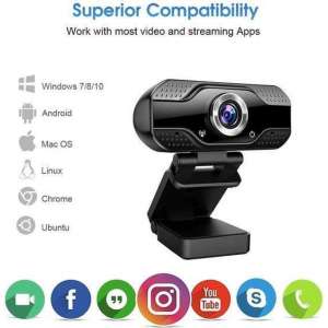 Webcam Full HD - 1080p - USB Webcam met Microfoon - Webcam voor PC of Laptop - Geschikt voor Windows en Mac