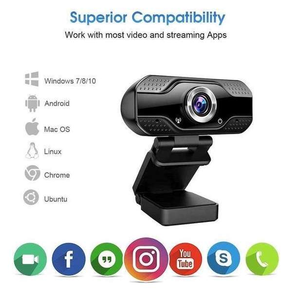 Webcam Full HD - 1080p - USB Webcam met Microfoon - Webcam voor PC of Laptop - Geschikt voor Windows en Mac