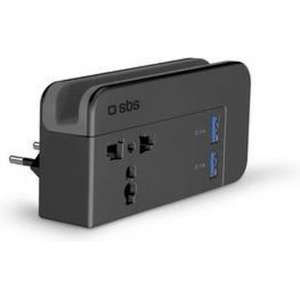 SBS Universal power adapter with 2 USB 2A output 3 intercheangeble pin US EU UK black color
